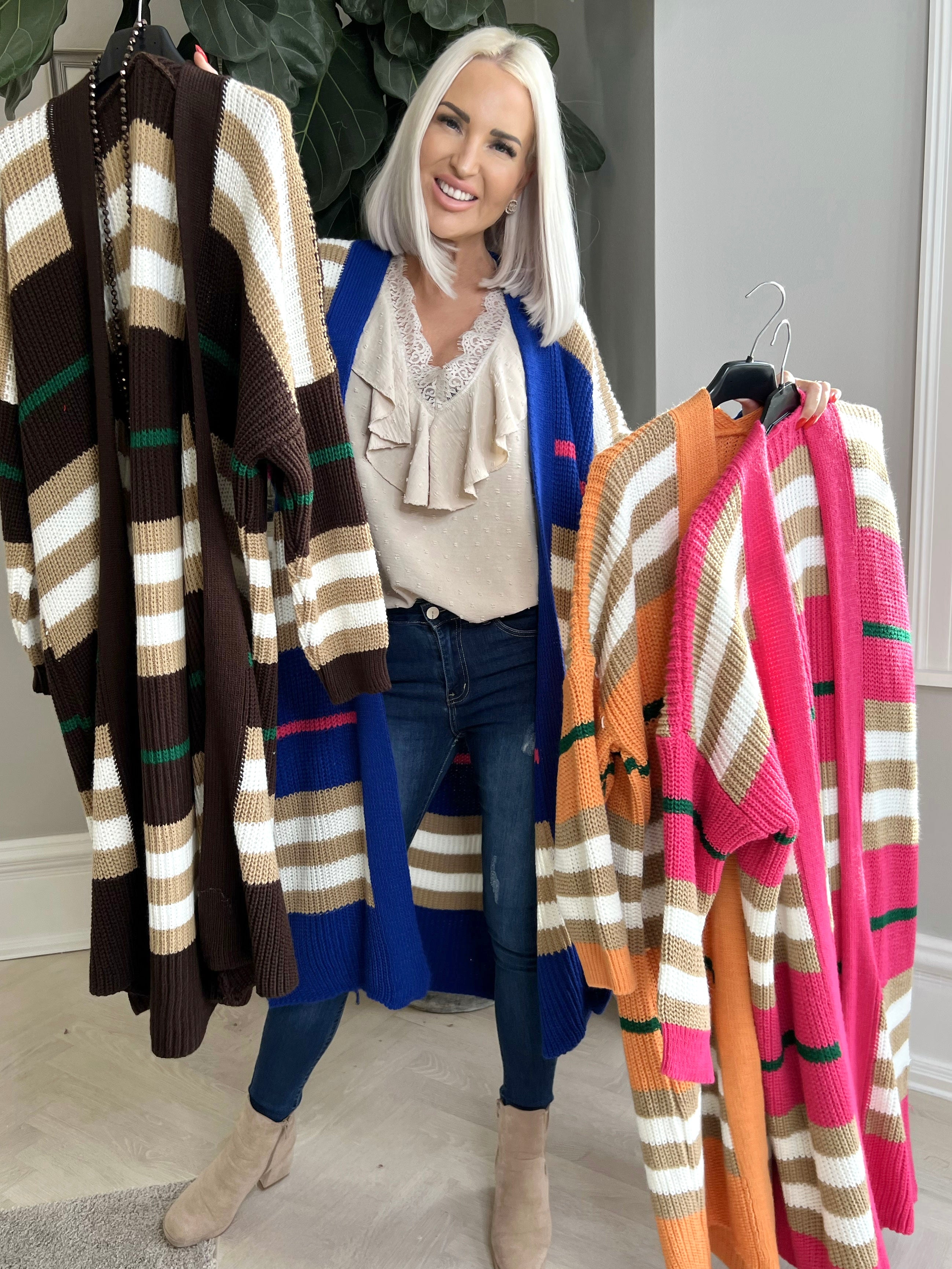 Mikla - Lang stribet cardigan i strik